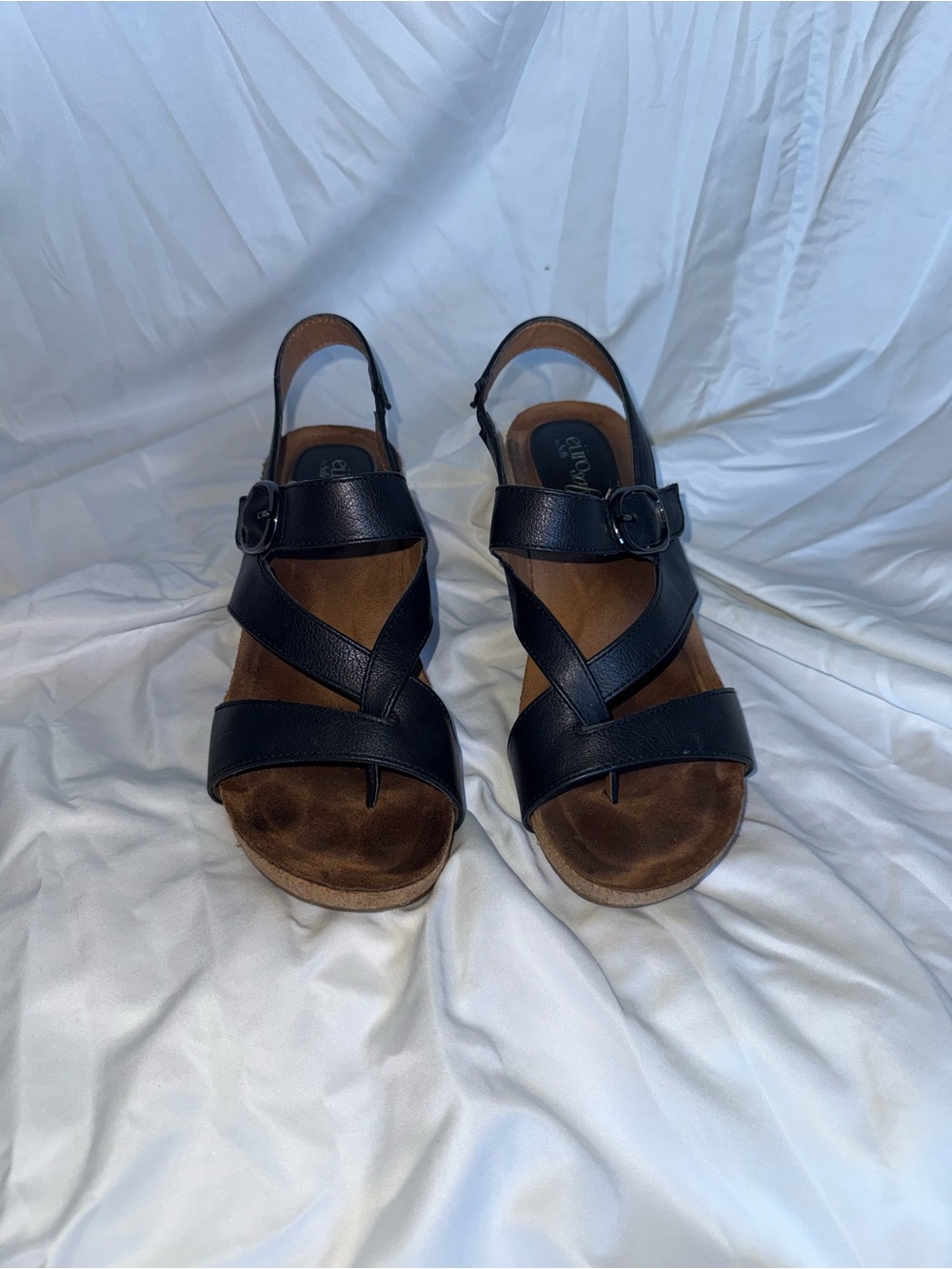 Eurosoft Women's Black Leather Strappy Cork Wedge Sandals